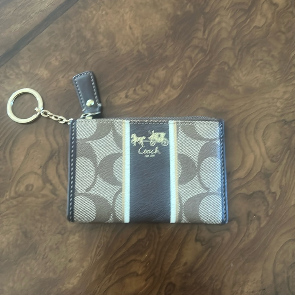 Coach Brown and Tan Signature Keychain Wallet